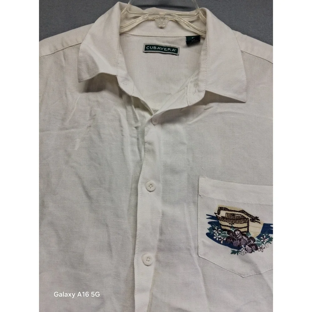 Cubavera Men Button Down White Shirt Linen/Rayon‎ Blend Embroidered Size XL